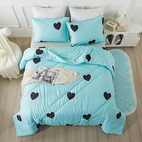 Caressma Blue Comforter Set King Size Black Heart 3pcs with Pillowsham - Image 3