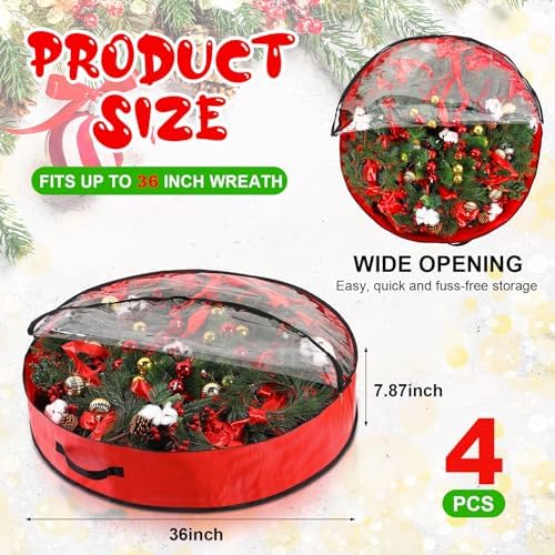 Aliceset 4 Pack Wreath Storage Bags, 36 x 36 x 7.8 Inch, Red - Image 2