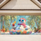 16x7Ft Tropical Snowman Garage Door Banner - Beach Scene with Swimsuit Snowman Holding Drink, Funny Summer Winter Mix Decor for Outdoor Holiday by THISFIND