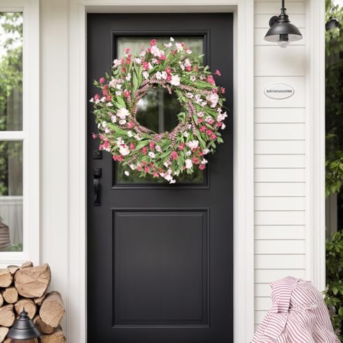 26" Spring Wreaths for Front Door Artificial Floral Wreath with Wildflowers Portulaca CHEAWRTZ Summer Easter Decorations for Indoor Outdoor Window Wall Farmhouse Porch Home Decor Cherry Blossom Pink - Image 6