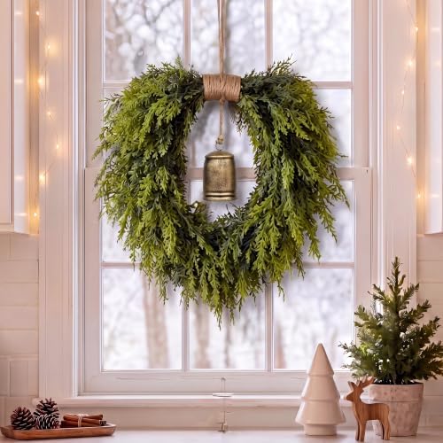 Suncalla Christmas Norfolk Pine Wreath for Front Door with Rustic Bell - Image 4