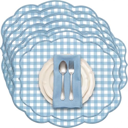 Breling 6 Set Gingham Placemat 17" x 13" Cotton Linen Placemat, Blue by Breling