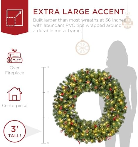 Best Choice Products 36in Pre-Lit Christmas Wreath w/Berries & Pinecones, Large Artificial Indoor/Outdoor Decor for Door, Mantel, Plug-in - Image 3