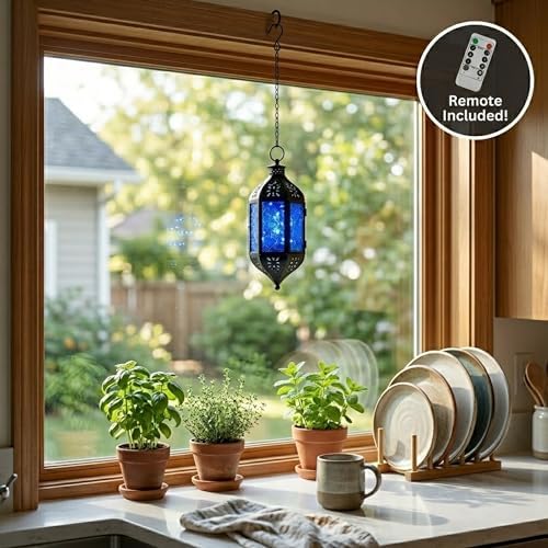 Vela Lanterns Hanging Moroccan Lantern with LED Twinkle Fairy Lights - Exotic Decorative Patio & Porch Decor, Indoor Outdoor Candle Lamp Holder with Chain (13" Large, Cobalt Blue Glass) - Image 4