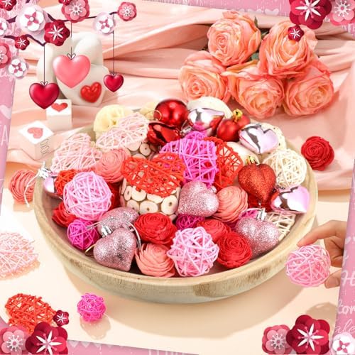 CroBlissful 40 Pcs Valentine's Day Decorative Rattan Balls 2 Set Pink Red Wicker Balls Decorations for Valentines Days Decor DIY Crafts Vase Bowl Filler Wedding Home Decor(Valentine's Day Style) - Image 2