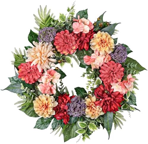 24-Inch Spring Wreath for Front Door with Hydrangeas Dahlias Daisy Silk Flowers and Berry Greenery for All Seasons Indoor Outdoor Wedding Farmhouse Porch Wall Living Room Home Wedding Decor by MDSTBN