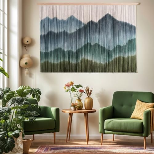 laddawan Extra Large Boho Wall Decor For Bedroom Macrame Wall Hanging Dip-Dyed Tapestry Modern Wooden Home Wall Art For Living room (Green2) - Image 2