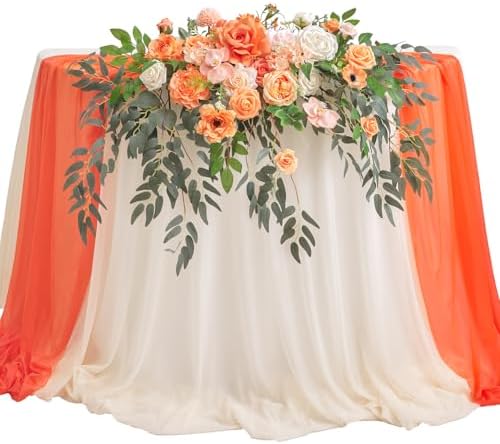 TINGE TIME Artificial Sweetheart Flower Swag with Table Cloth and Table Runner, Pack of 3 Floral Arrangement for Wedding Sweetheart Table Centerpiece Decoration (CoralPink&Champagne) by TINGETIME