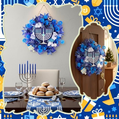 Hoteam Hanukkah Wreath for Front Door Happy Hanukkah Front Door Sign 13 Inch Blue Rustic Chanukah Welcome Decoration for Indoor Outdoor Home Porch Hanging Decoration - Image 5