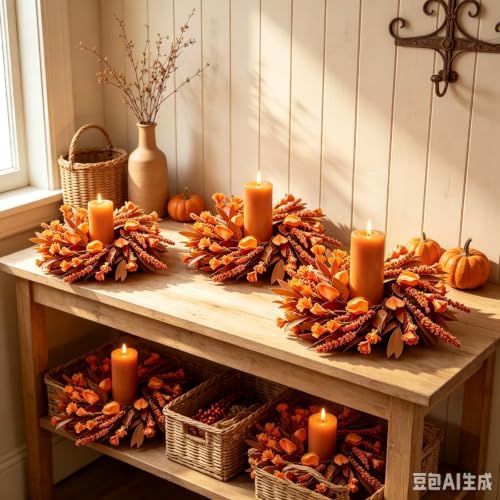 6 Pcs Small Fall Hanging Wreaths with Artificial Autumn Flowers Warm Orange Fall Foliage Wheat Spike Accents Rustic Burlap Ribbon Mini Cabinet Wreath for Farmhouse Thanksgiving Harvest Party Decor - Image 5
