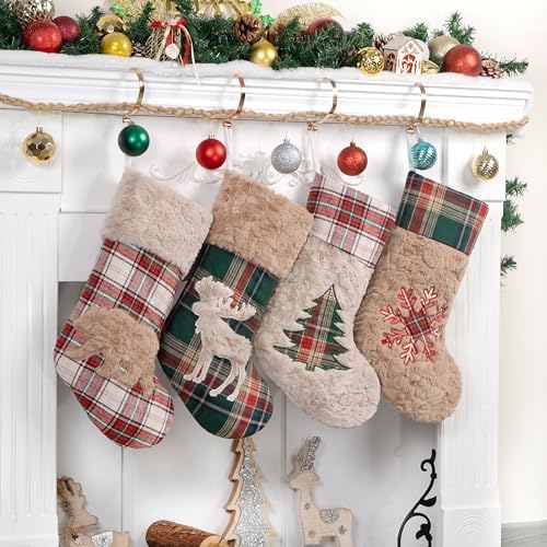 LUBOT New 4 Pack Christmas Stocking 20" Red Green Plush Plaid Mix and Match Classic Rustic Farmhouse Country Cotton Fireplace Hanging Xmas Stockings Decorations for Family Holiday Season Decor by LUBOT