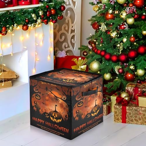 YETTASBIN Halloween Pumpkin Large Christmas Ornament Storage Box with Zipper & Adjustable Dividers, Storage Container with Lid & Handles for 64 Holiday Ornaments 3-Inch, 13 x 13 Inch - Image 7