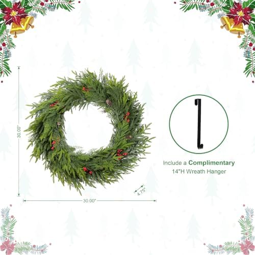 Glitzhome 30 Inch Christmas Wreaths for Front Door, Artificial Greenery Wreath with Pine Cones and Red Berries for Windows, Walls, Porches, Indoor and Outdoor Home Decoration - Image 3