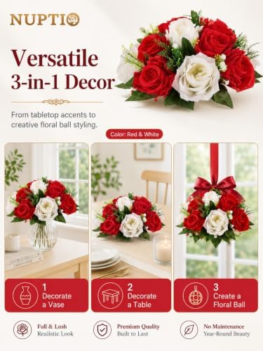 NUPTIO Pcs of 6 Fake Flower Ball Arrangement Bouquet,15 Heads Plastic Roses with Base, Suitable for Our Store's Wedding Centerpiece Flower Rack for Parties Valentine's Day Home Décor (Red & White) - Image 3