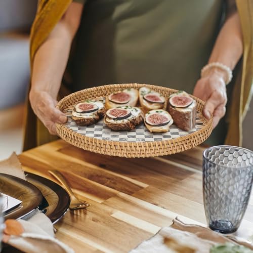 3 Pack Round Rattan Tray with Mother of Pearl Inlay Rattan Serving Tray for Coffee Bread Fruits Decorative Wicker Serving Platter for Table Home Kitchen Decor Black Checkerboard Style, 3 Size - Image 6