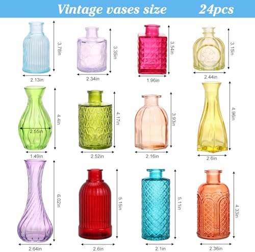 CUCUMI 24pcs Bud Vases for Centerpieces, Colorful Vintage Glass Vase Set - Image 2