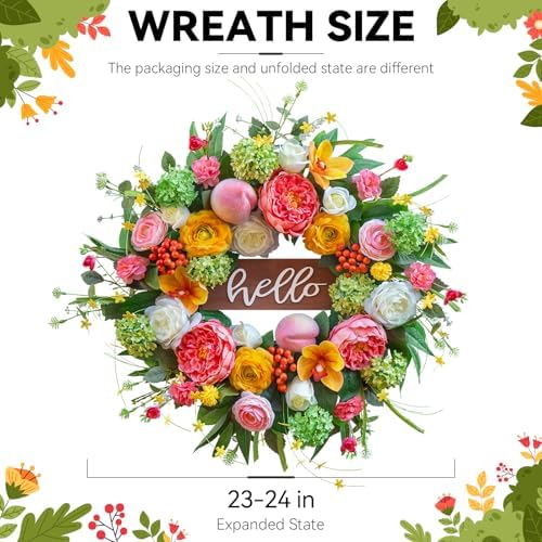 Spring Wreath for Front Door, 24 Inch Artificial Spring and Summer Wreath with Peony, Rose, Orchid, Hydrangea and Gardenia Flowers, Peach, Berries and Hello Wooden Sign, Decor for Indoor Outdoor - Image 3