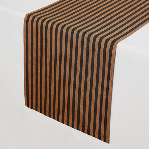 Solino Home 100% Linen Table Runner, 14 x 144 in, Pumpkin and Black Striped - Image 2