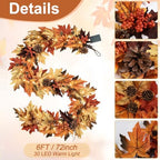6FT Fall Garland with 30 Warm Lights & Timer & Gradient Maple Leaves - Image 4