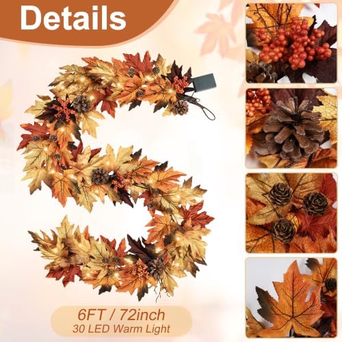 6FT Fall Garland with 30 Warm Lights & Timer & Gradient Maple Leaves - Image 4