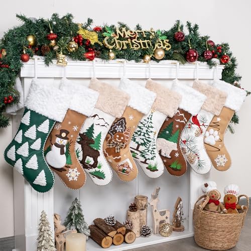LUBOT 6 Pack Christmas Stockings Set of 6 Large Family Xmas Stocking Leather Embroidered 20" Modern Rustic Farmhouse Country Fireplace Hanging Holiday Decor - Image 3