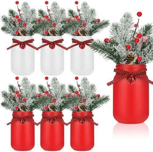 Lyrow 6 Pack Christmas Mason Jar Table Centerpiece Faux Berry and Pine Bell Kitchen Winter Spring Farmhouse Decoration for Home Kitchen Tiered Tray Decoration(Bell Style) by Lyrow