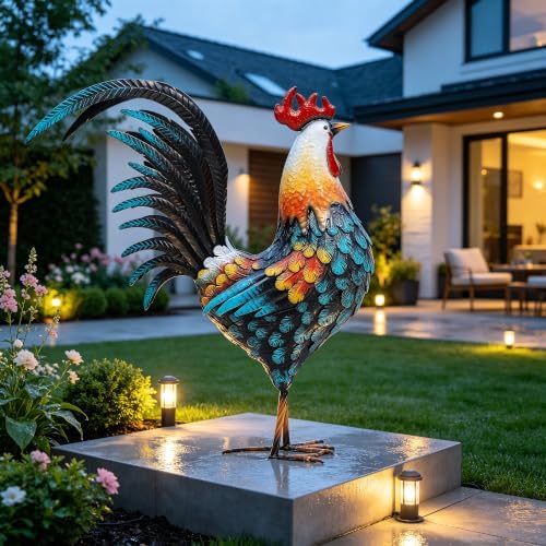 32" Majestic Metal Rooster Yard Decor, Large Outdoor Garden Statue - Image 6