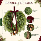 24” Christmas Wreaths for Front Door, Norfolk Pine Wreath Bow Bells - Image 2