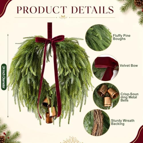 24” Christmas Wreaths for Front Door, Norfolk Pine Wreath Bow Bells - Image 2
