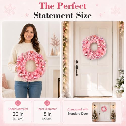 Pink Christmas Wreath for Front Door, Snow Flocked Artificial Holiday Wreath with Pink Ornaments and Berry Accents, Decorative Christmas Door Wreath for Indoor Outdoor Wall Window Fireplace - Image 3