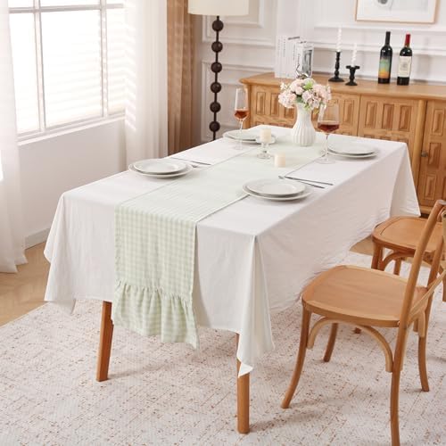 Pile Green White Plaid Gingham Ruffle Table Runner Cabinet Cover 13"x120" - Image 2