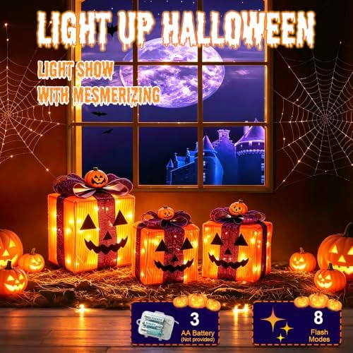 Halloween Decoration Lights, 3Pcs Pumpkin Decorations, 60 LEDs &Timer - Image 6