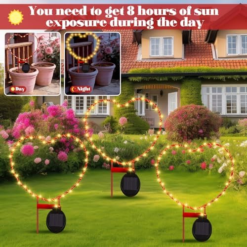 Retisee 3 Pcs Valentines Red Heart Shaped Solar Lights Metal Solar Decorative Lamps with Stakes for Garden Yard Path or Landscape Light Outdoor Decor, 12.7 x 9.3 Inch - Image 2