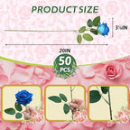 50 PCS Fake Blue Roses, Artificial Blue Flowers, Realistic Silk Faux Roses - Image 2