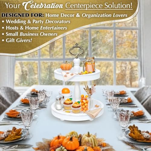 2 Tiered Tray Stand [Includes 3 Changeable Handles] - Rustic Cupcake Stand, Coffee Table Tiered Serving Tray for Kitchen Counter, Stunning Rustic Home Decor, Display Fruits, Plants, Candles (White) - Image 6