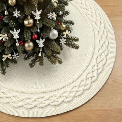 VOXOR 60 Inch Christmas Tree Skirt, Extra Large Chunky Knitted Tree Skirt with Bow Tie Closure, Cream Vintage Tree Skirts for 9 & 10 Feet Trees, Farmhouse Christmas Decorations for Home Living Room by VOXOR