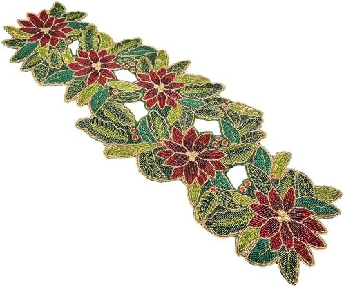 Lightnpro Poinsettia Beaded Table Runner - Festive 13" × 36" Holiday Decor in Maroon & Green - Elegant Farmhouse Christmas & Thanksgiving Dining Accent - Image 7