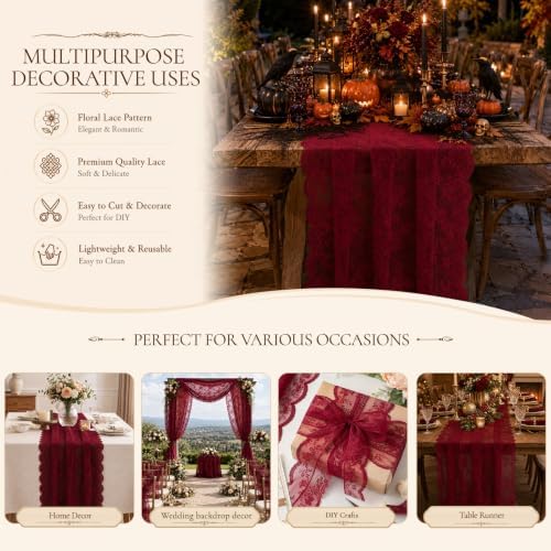 Burgundy Lace Table Runner with Floral Embroidered (3pcs, 28”x118”) - Image 3