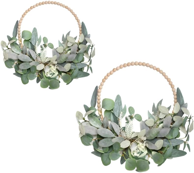 TEMPUS 2Pcs 16" Artificial Eucalyptus Wreaths - Handmade Wooden Bead & Lamb's Ear Spring Wreaths for Front Door, Farmhouse Wall Decor, Holiday Party by TEMPUSDECOR
