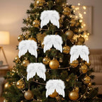 Janinka 15 Pcs Angel Feather Wing Christmas Tree Decors, 2 Feather Wings Topper with Aureole Headband, 1 White Plush Xmas Tree Skirt, 12 Wings Christmas Ornaments for Home Wedding Decor - Image 5