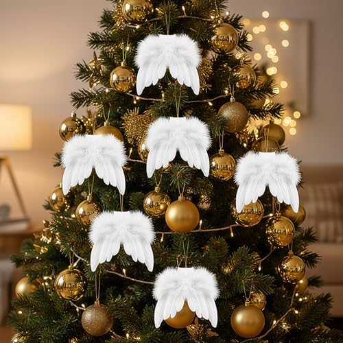 Janinka 15 Pcs Angel Feather Wing Christmas Tree Decors, 2 Feather Wings Topper with Aureole Headband, 1 White Plush Xmas Tree Skirt, 12 Wings Christmas Ornaments for Home Wedding Decor - Image 5
