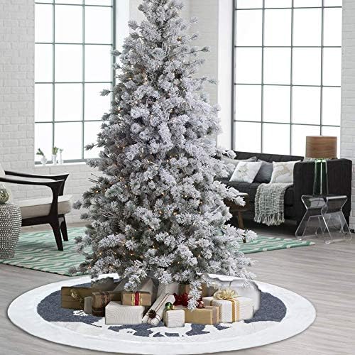 Christmas Tree Skirt, Fur Rustic White Xmas Tree Skirt,Snowy Christmas Trees Mat Decorations Indoors,Deer and Snowflake Pattern (48 inches, White Deer) - Image 3