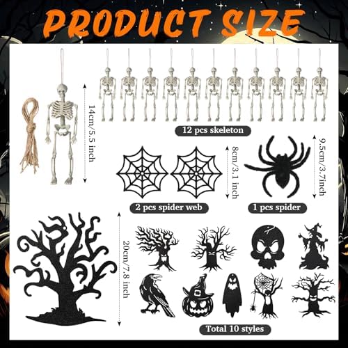 Halfchet 43 Pcs Halloween Hanging Tree Ornaments Decorations Skeleton Skull Ghost Realistic Crow Ball Hanging Ribbon Spider for Halloween Party - Image 2