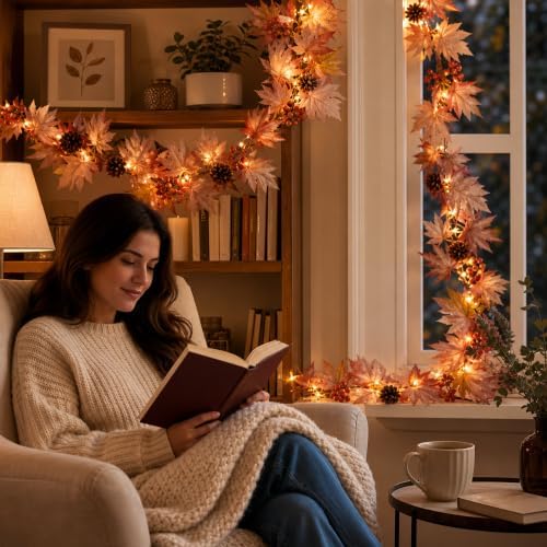 Fall Decorations for Home 9FT Fall Garlands with Lights Large Maple Leaves with Berries and Pinecones Plug in 50 Warm Incandescent Bulbs for Indoor Outdoor Autumn Halloween Harvest Decorations(2Packs) - Image 5