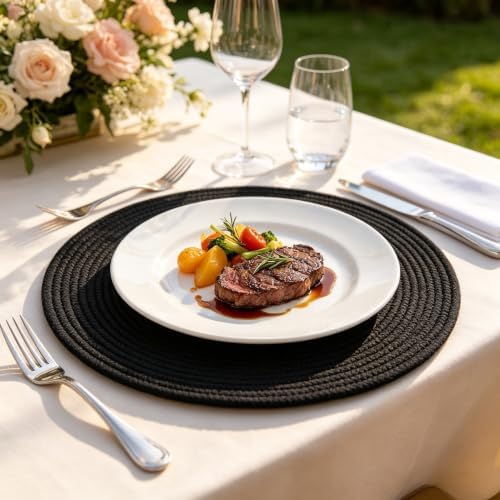 Round Placemats Set of 10, Cotton Woven Tablemats, Hot Pads for Kitchen, Jute Rattan Charger Plates for Dinner, Non Slip Heat Resistant Place Mats, 13.5'' Braided Placemat for Decor (Black Cotton) - Image 3