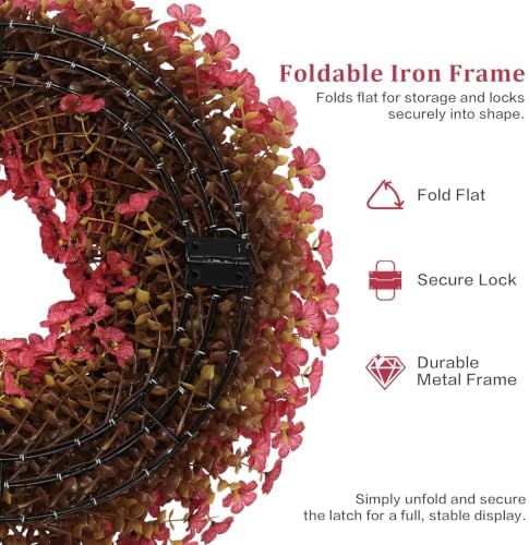 20" Burgundy Fall Wreath for Front Door, Artificial Mums Autumn Wreath - Image 3