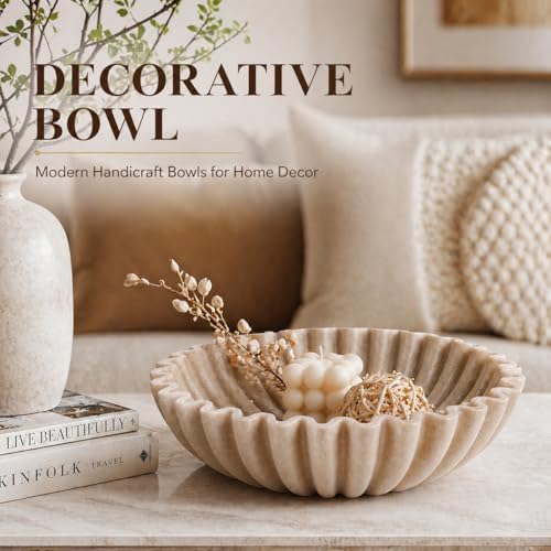 YMXYJM Large Decorative Bowl, Modern Handicraft Bowls for Home Decor, Fruit Bowl for Kitchen Counter, Ruffle Decor, Stylish Key Bowl for Entry Table, Artificial Stone Beige - Image 5