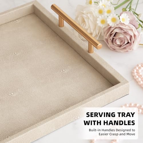 Modern Decorative Tray Set of 2 Ivory Shagreen Leather and Wood Serving Tray with Gold Polished Metal Handles for Ottoman, Coffee Table, Bathroom and More - Image 4