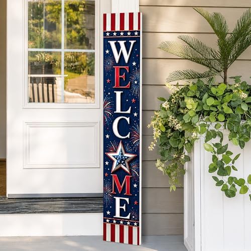 48x8" 4th of July Welcome Porch Sign, Patriotic Porch Decor for Independence Day, Standing Welcome Sign for Front Door, PVC, Design 3 by BasicFundamentals