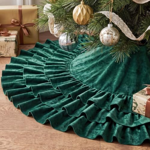 Hollowfly 48 Inch Ruffled Velvet Christmas Tree Skirts Green Tree Skirt by Hollowfly